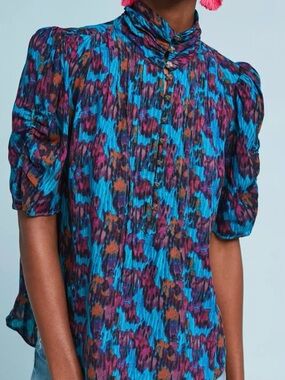 Maeve Teal Blue Multi-Print Puff-Sleeve Blouse